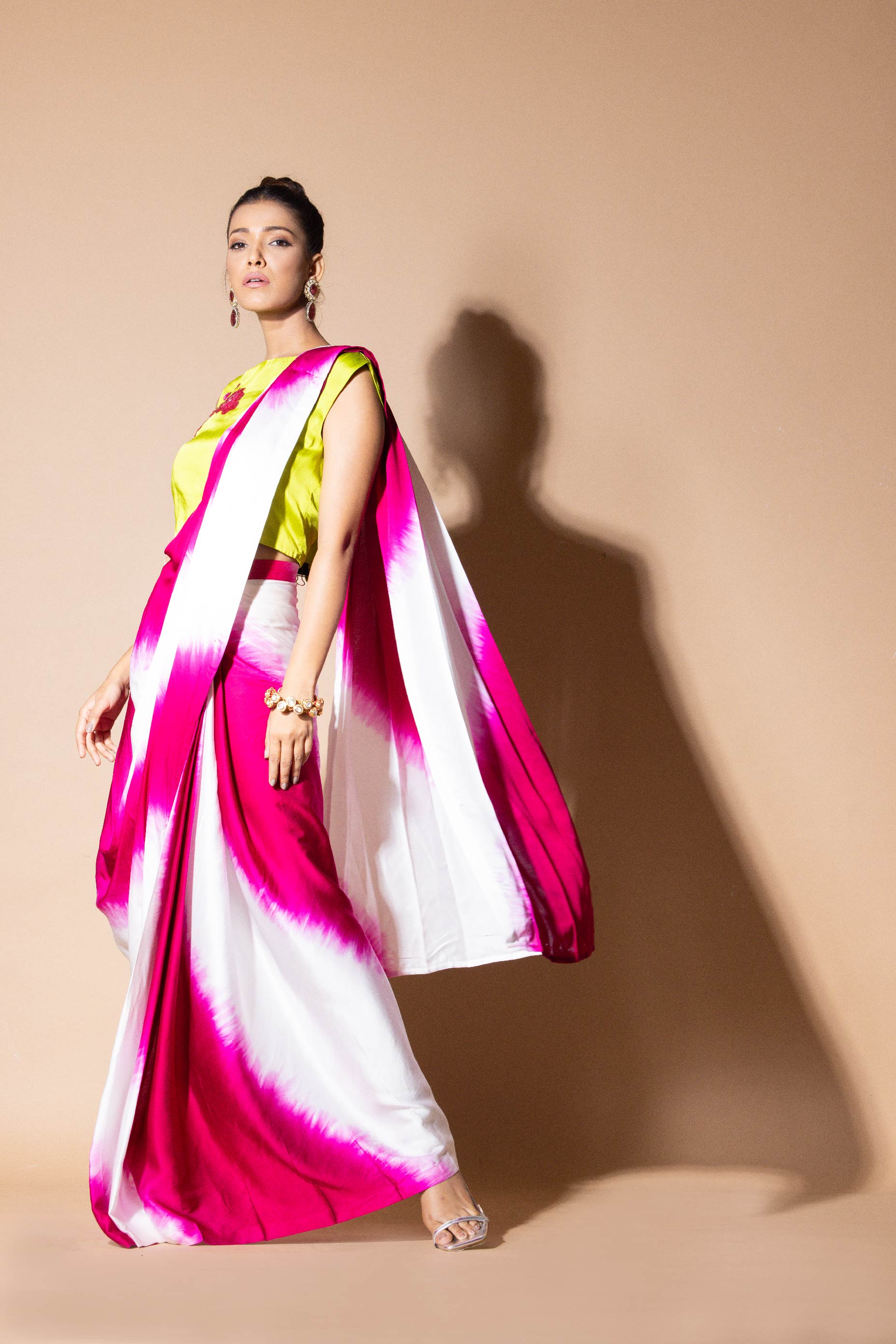 Lustrous Pre Draped Pink Saree With Crop Top