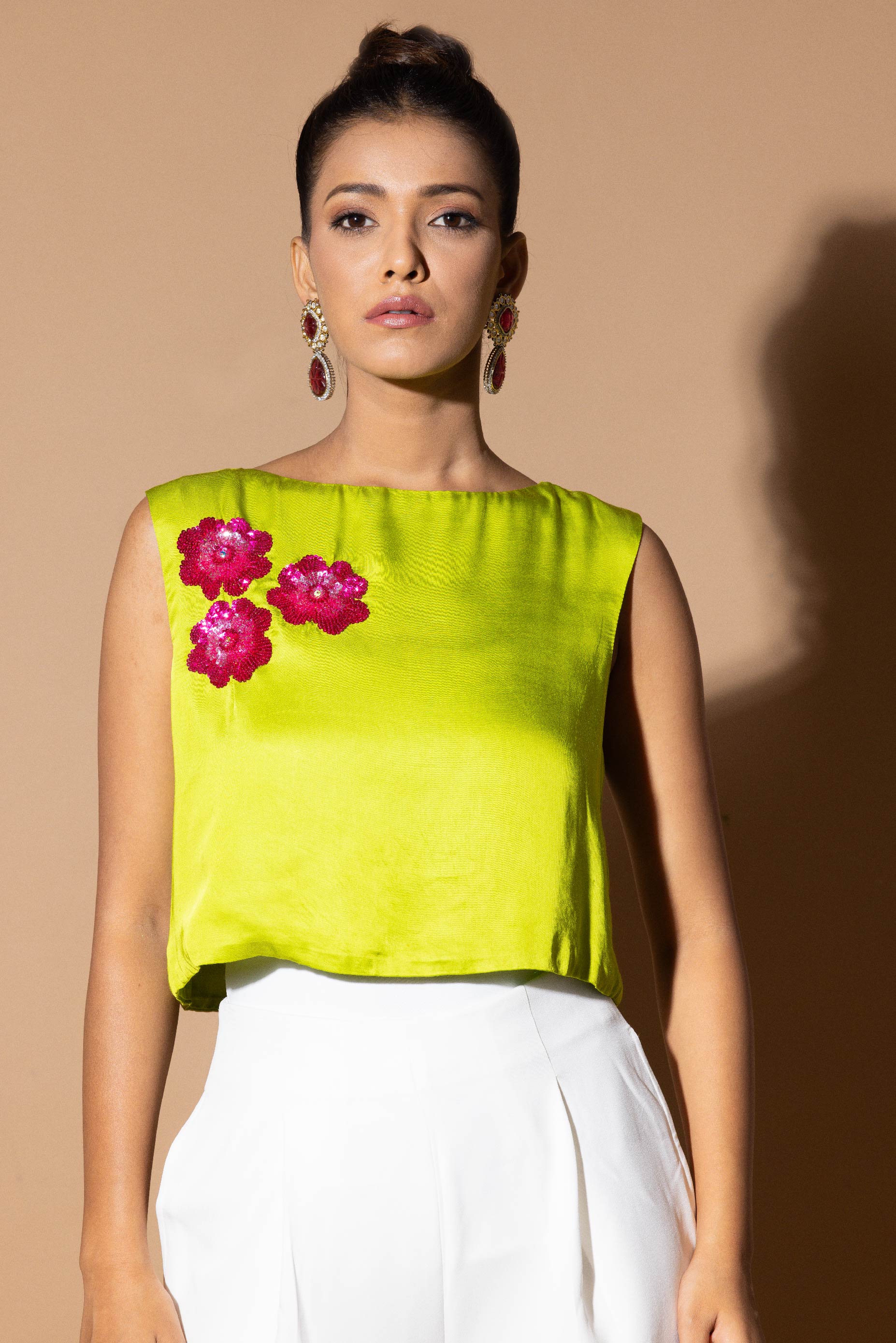 Lustrous Mint Green Crop Top With Floral Embellishment