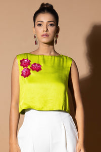 Lustrous Mint Green Crop Top With Floral Embellishment