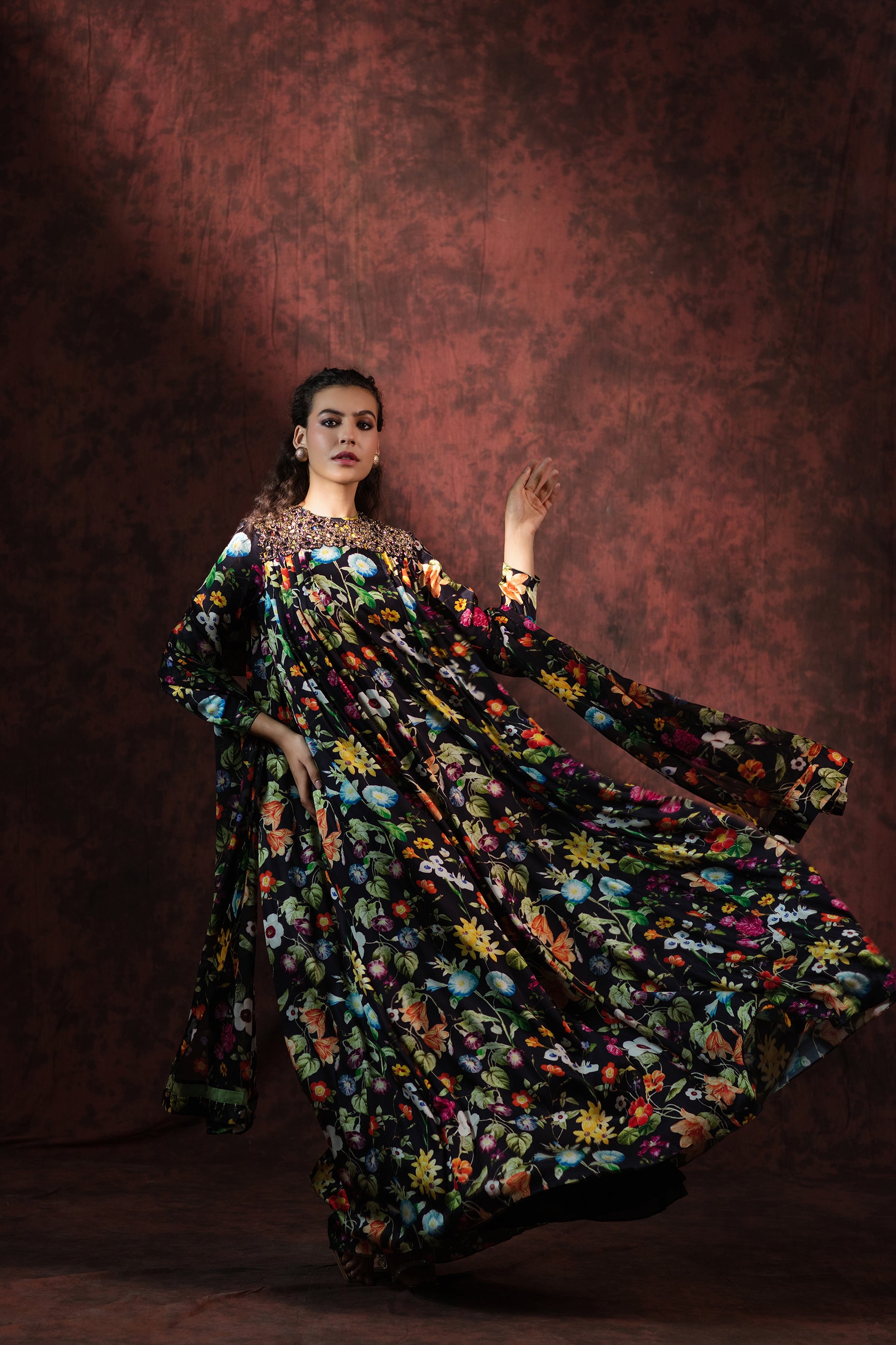 Noir Jardin Embroidered Gown