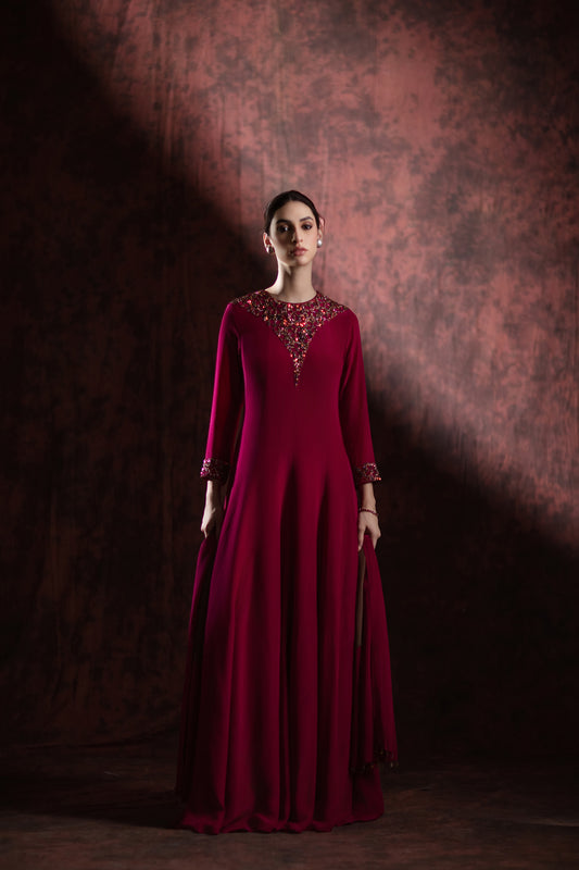 Ruby Riverie Embellished Cape Gown