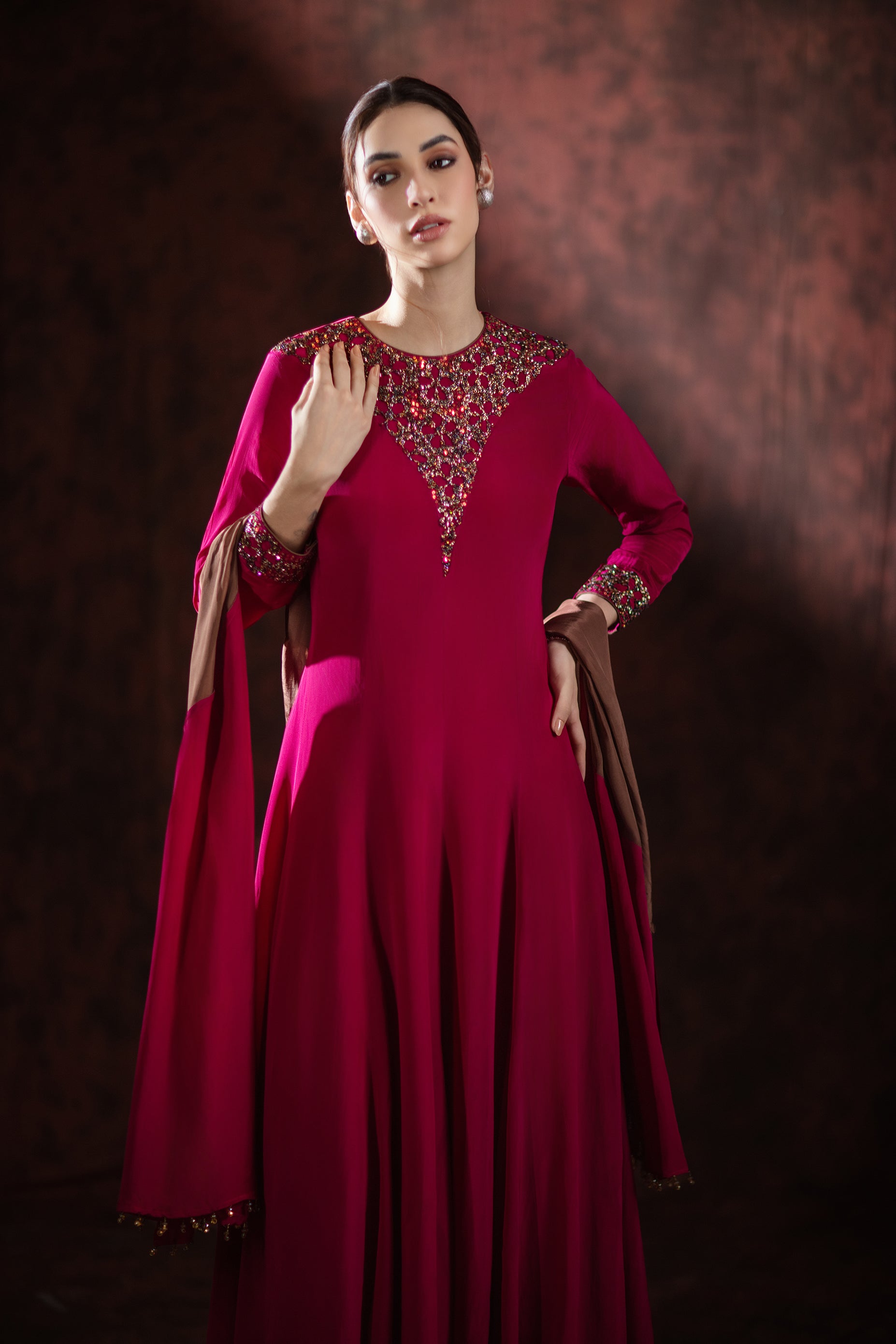 Ruby Riverie Embellished Cape Gown