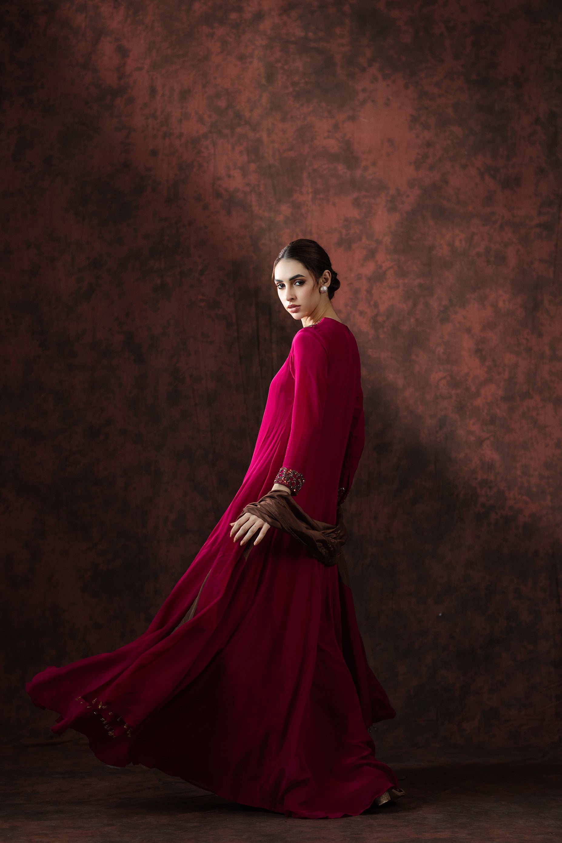 Ruby Riverie Embellished Cape Gown