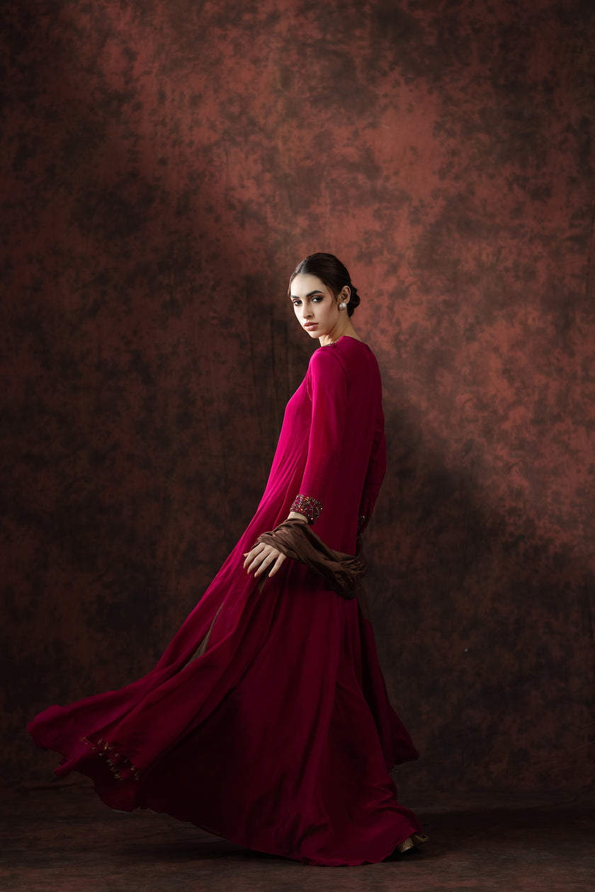 Ruby Riverie Embellished Cape Gown