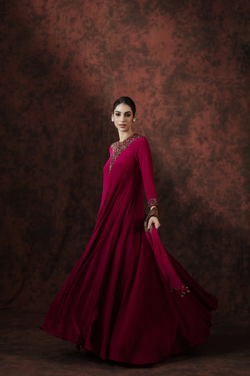 Ruby Riverie Embellished Cape Gown