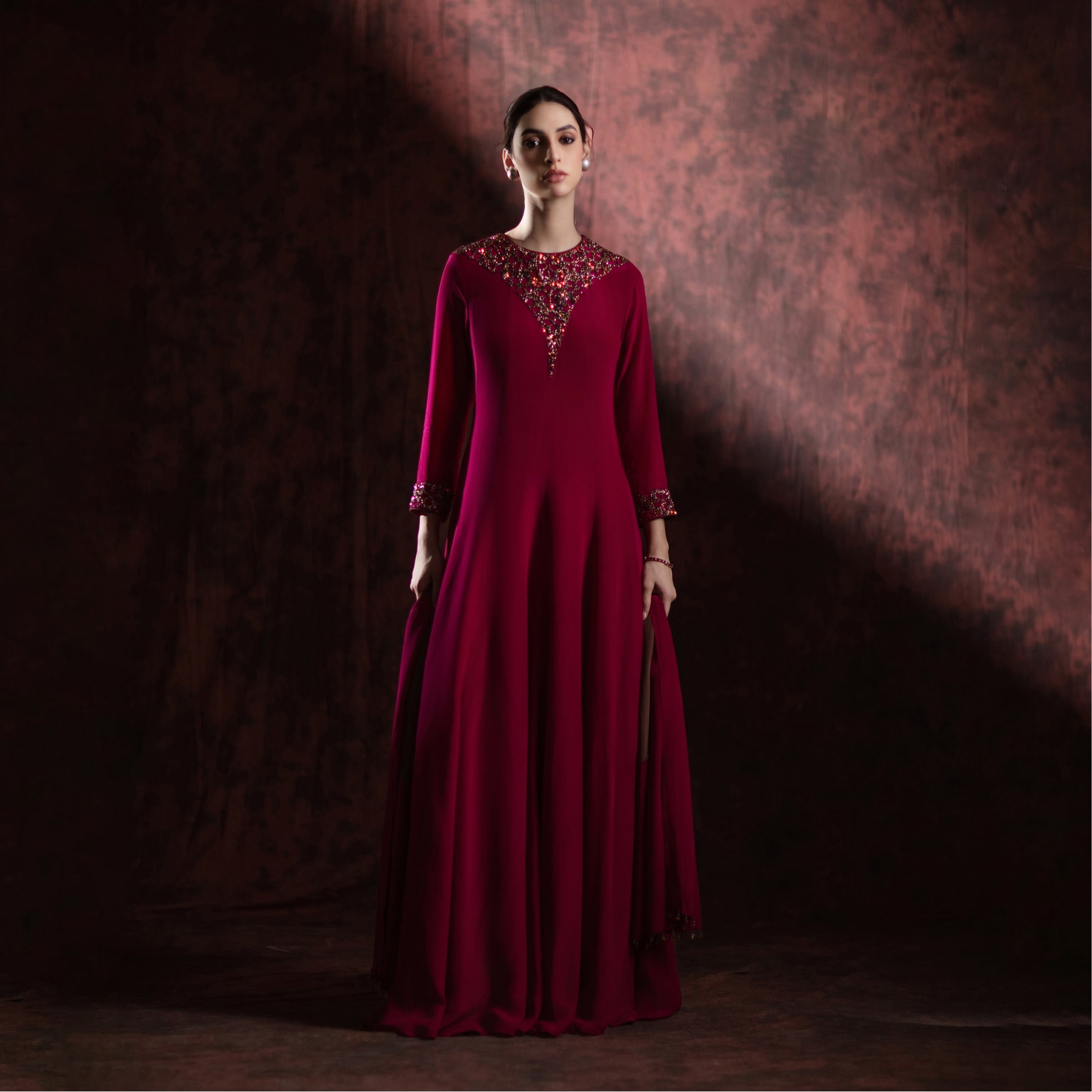 Ruby Riverie Embellished Cape Gown