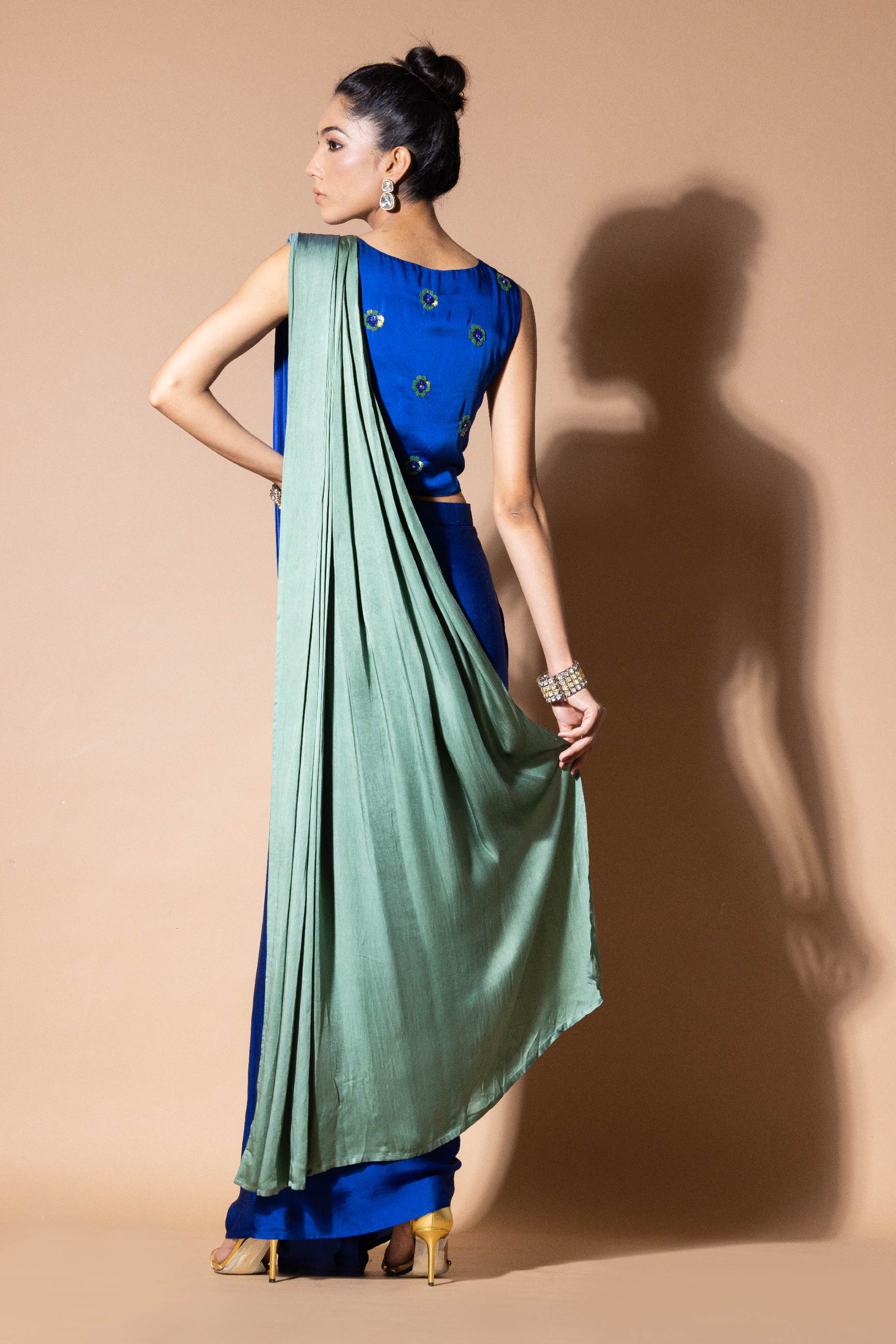 Celestial Blue and green ombre draped saree with crop top