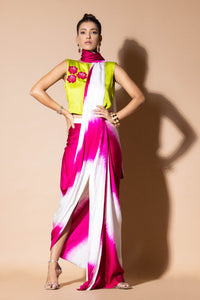 Lustrous Pre Draped Pink Saree With Crop Top