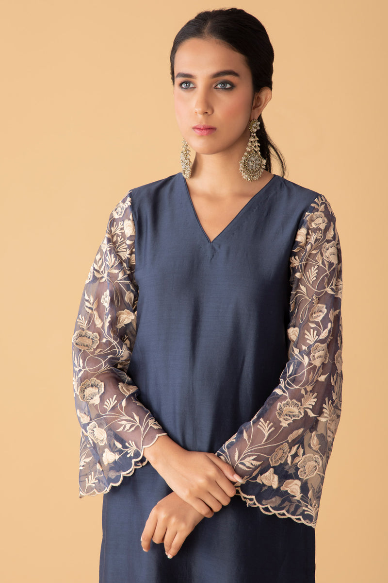 Airy Chanderi Oxford Blue with a V neck and statement sleeves. – ZeeFaa