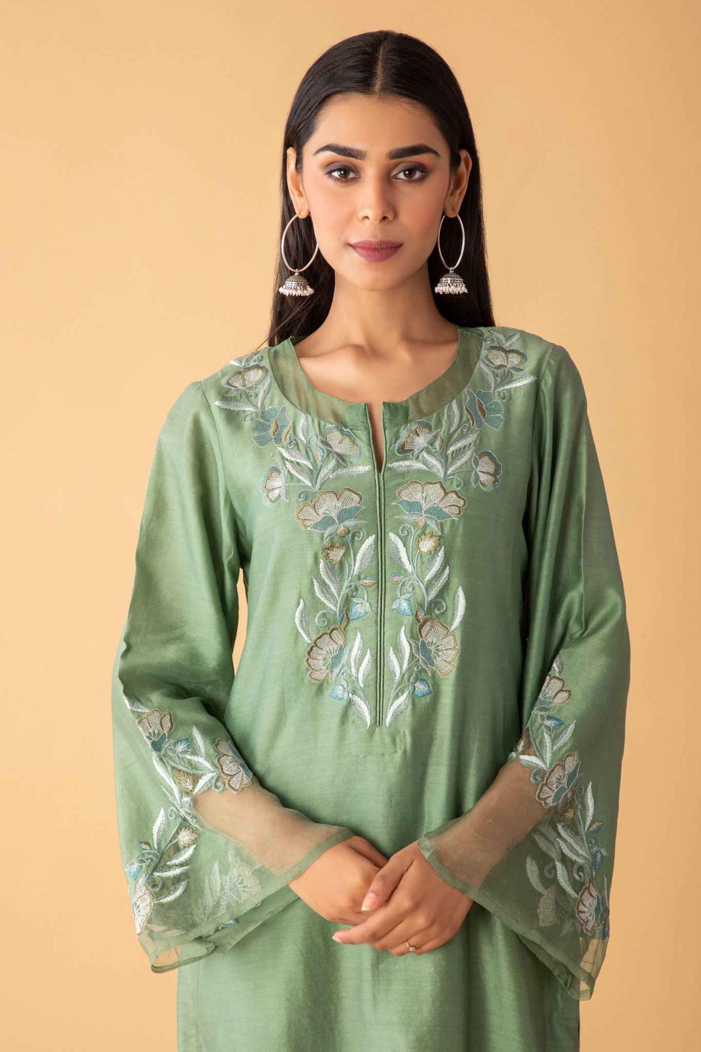 Breeze Chanderi Basil Green multi-colored floral embroidery. – ZeeFaa